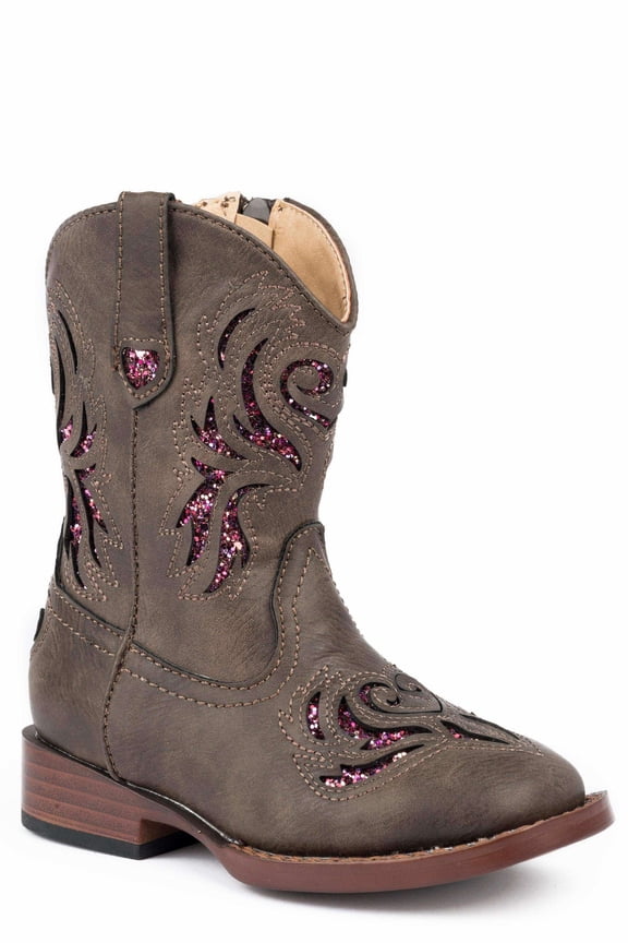 Girls Glitter Breeze Inlay Square Toe Cowboy Casual Mid Calf Boots