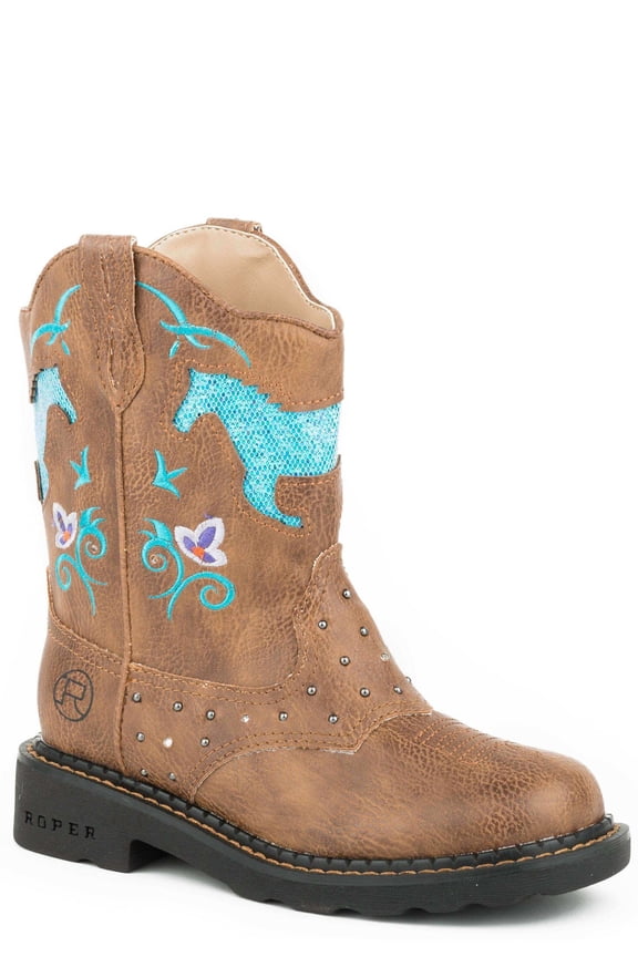 Girls Glitter Horse Round Toe Cowboy Mid Calf Boots