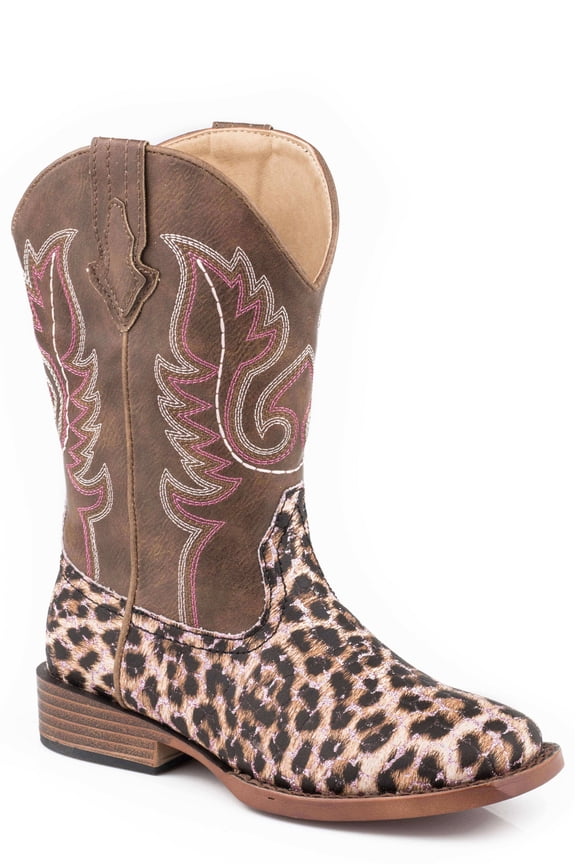 Girls Glitter Leopard Square Toe Cowboy Mid Calf Boots