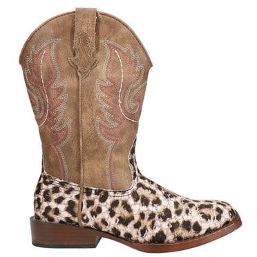 Roper Girls Glitter Leopard Square Toe Cowboy   Mid Calf Boots