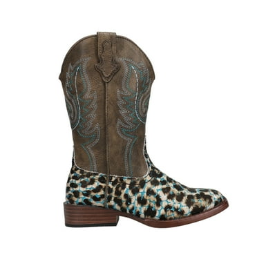 Roper Girls Glitter Leopard Square Toe Cowboy   Mid Calf Boots