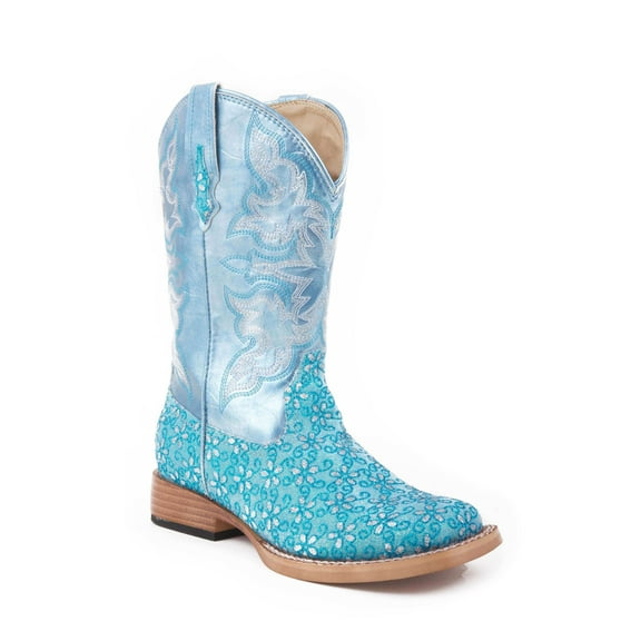 Roper Girls Glittery Floral Square Toe Cowboy   Mid Calf Boots