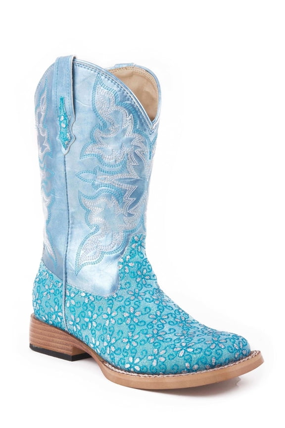 Girls Glittery Floral Square Toe Cowboy Mid Calf Boots