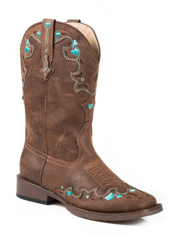 Girls Heart Embroidery Square Toe Cowboy Mid Calf Boots
