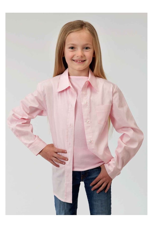 Girls Pink Solid Long Sleeve Western Button Shirt