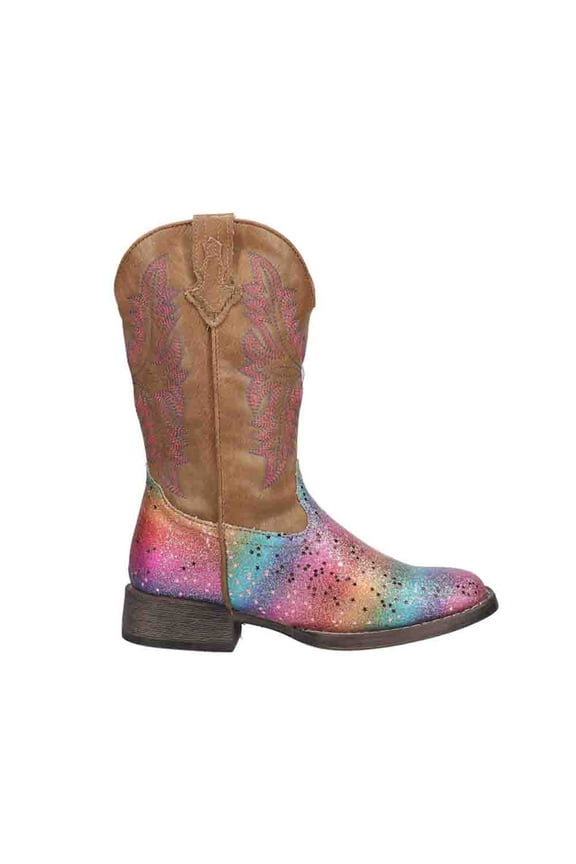 Girls Rainbow Glitter Square Toe Cowboy Mid Calf Boots