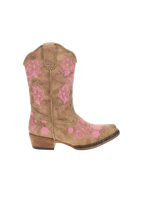 Girls Riley Floral Embroidered Snip Toe Pull On Cowboy Mid Calf Boo
