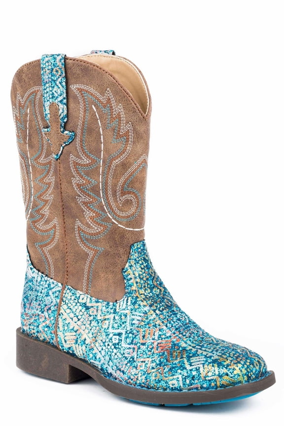 Girls Southwest Glitter Square Toe Cowboy Mid Calf Boots
