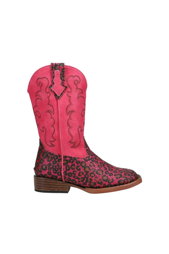 Girls Wild Cat Embroidered Glitter Leopard Square Toe Cowboy   Mid Ca
