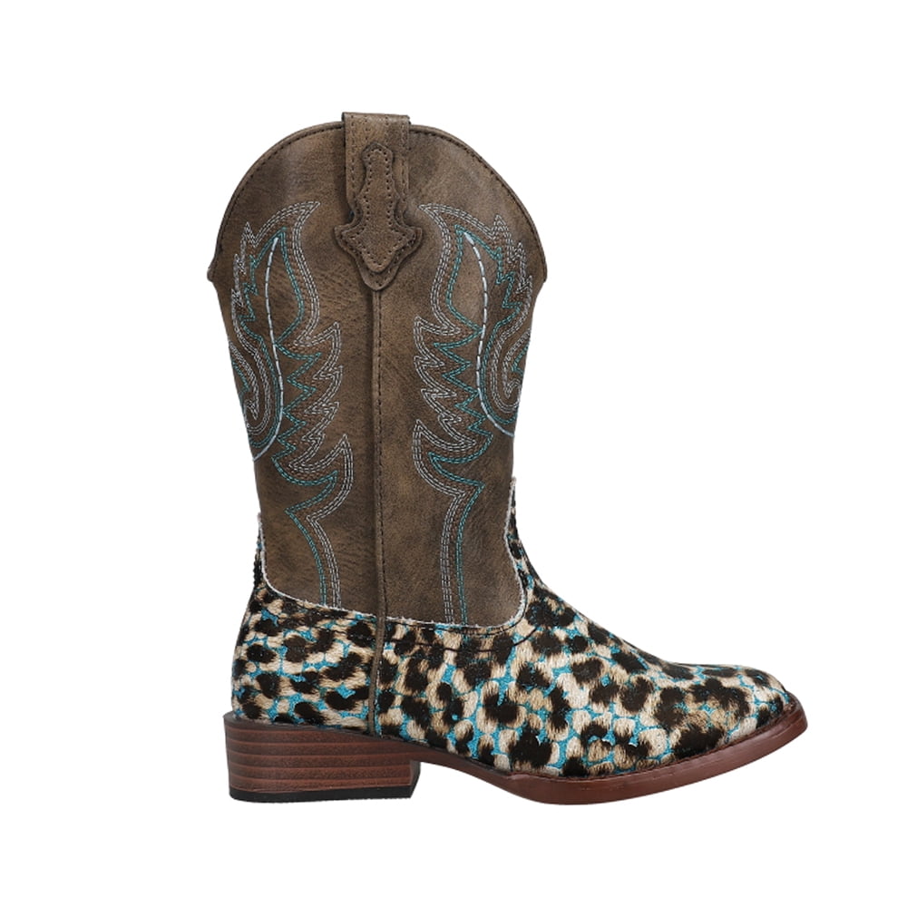 Roper Kids Girls Glitter Leopard Square Toe Casual Boots Mid Calf