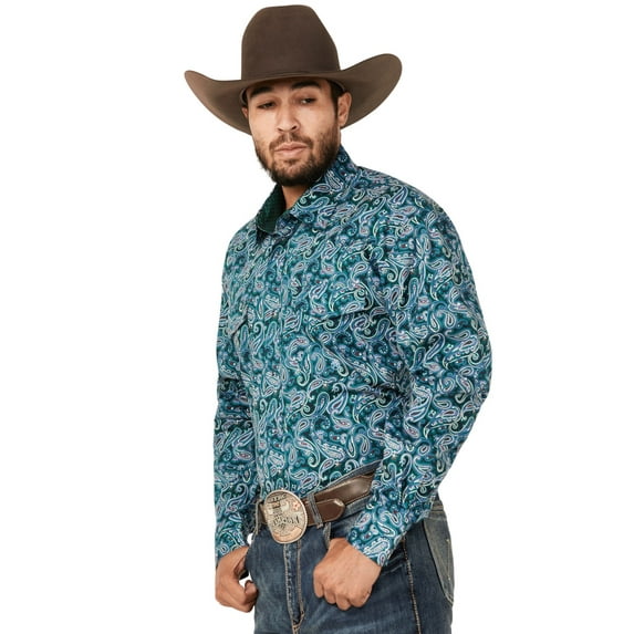 Roper Men's Amarillo Paisley Print Long Sleeve Snap Western Shirt Blue XX-Large