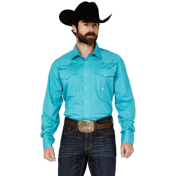 Roper Mens Long Sleeve Snap Solid Poplin Stretch Turquoise Western Shirt
