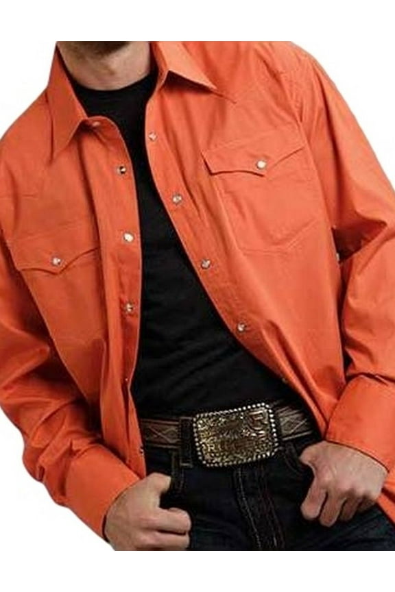 Men's Basic Solid Long Sleeve Western Shirt Orange Large