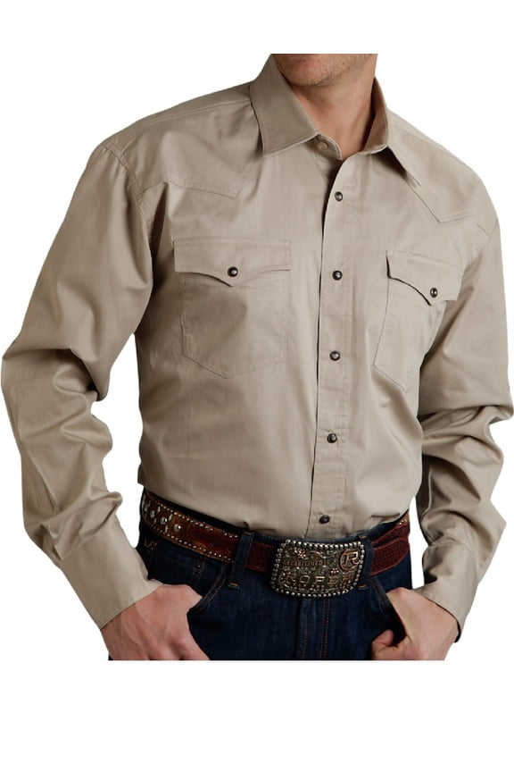 Men's Solid Poplin Long Sleeve Snap Western Shirt Tan X-Large