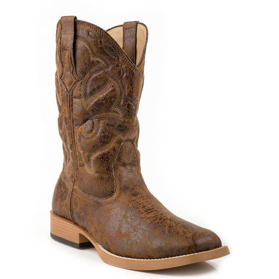 Roper Mens Cowboy Boots Tan Square Toe Vintage Faux Leather Stitch 7.5 M