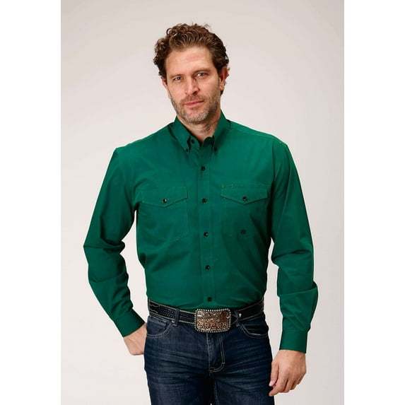Roper Mens Long Sleeve Button Black Fill Solid Green Western Shirt
