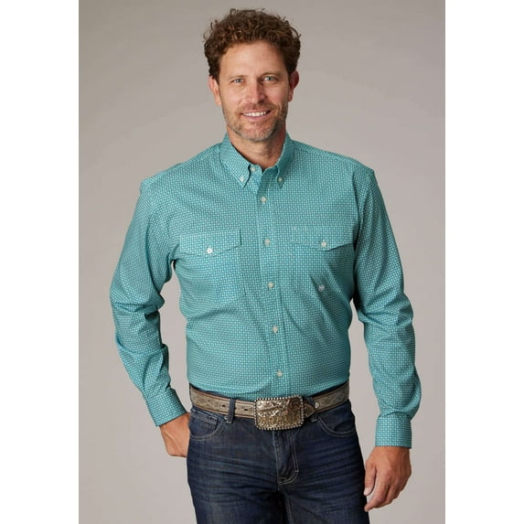 Roper Mens Long Sleeve Button Stretch Neat Teal Western Shirt