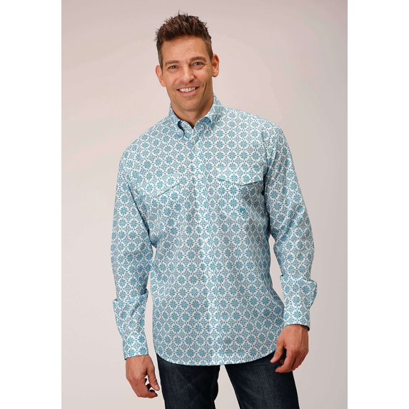 Roper Mens Long Sleeve Button Turquoise Medallion Western Shirt