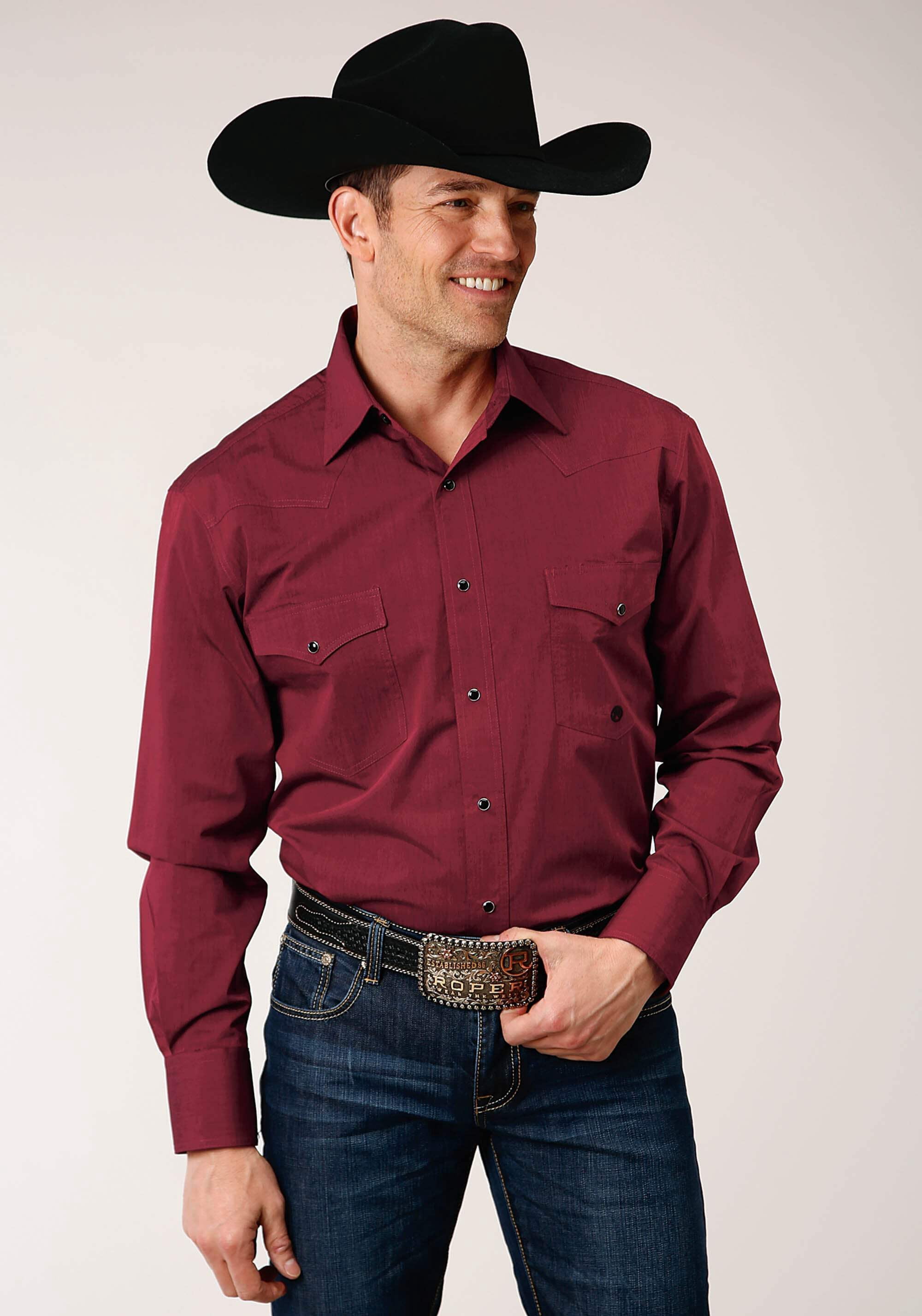 Roper Mens Long Sleeve Snap Black Fill Solid Red Western Shirt ...