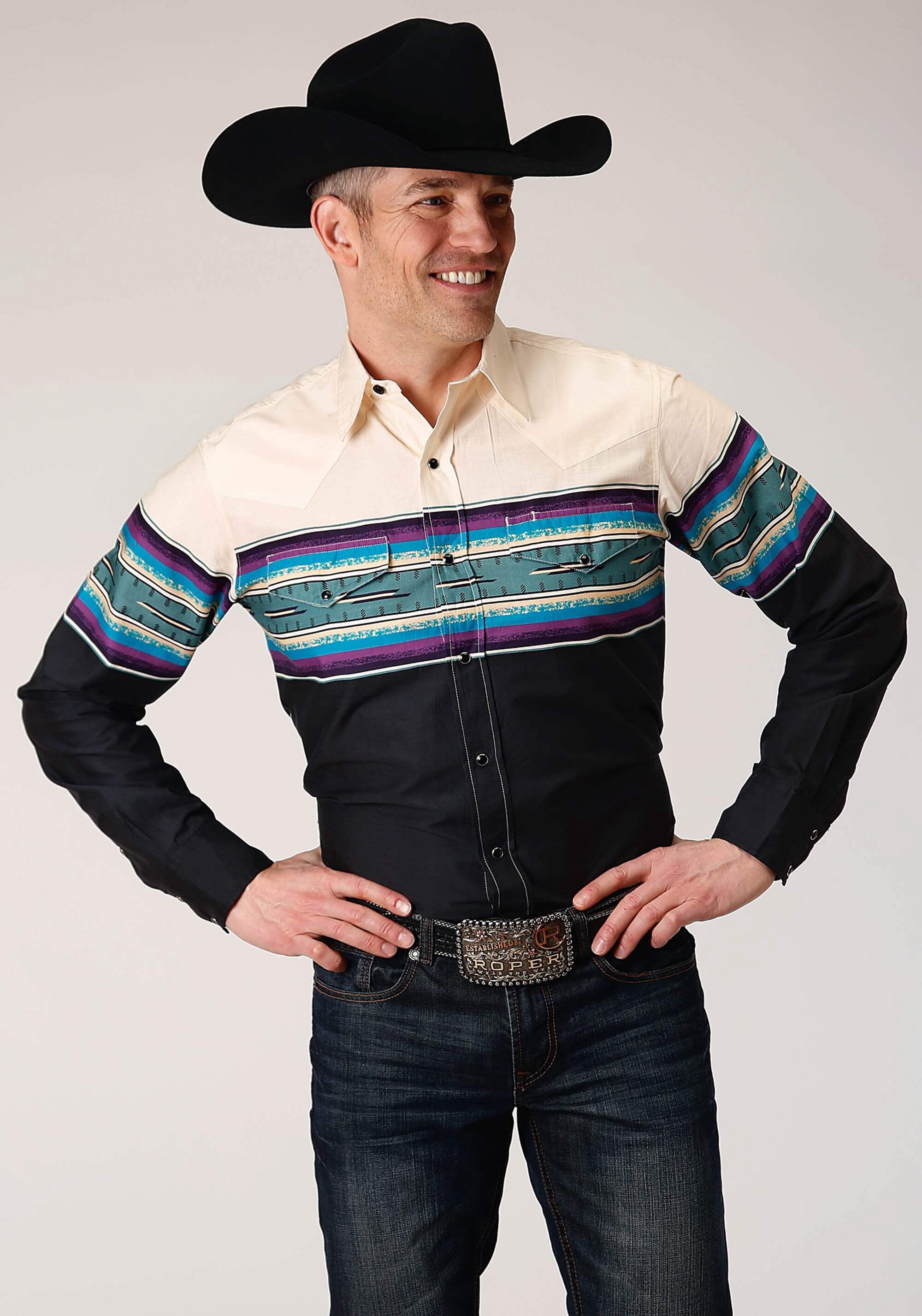 Roper Mens Long Sleeve Snap Greenline Serape Border Western Shirt 0300104310615gr