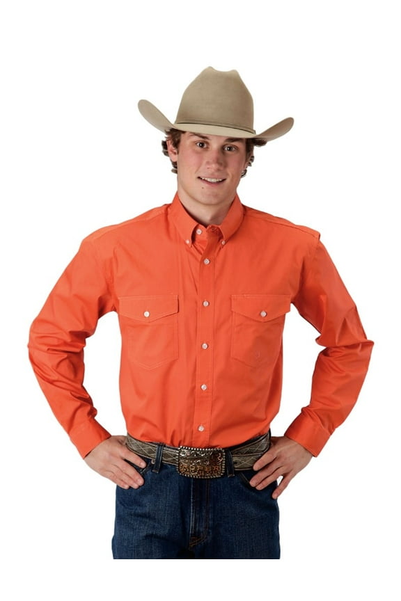 Mens Orange Solid Long Sleeve Western Button Shirt