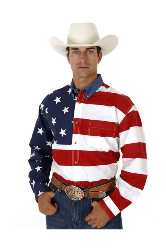 Mens Red White And Blue Stars And Stripes Pieced American Flag Long Sleeve Western Snap Shirt