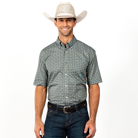 Roper Mens Short Sleeve Button Olive Foulard Western Shirt