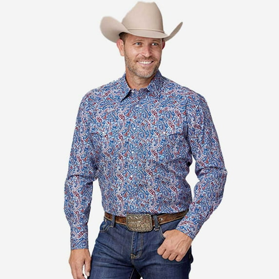 Roper Mens Long Sleeve Snap Blue River Paisley Western Shirt