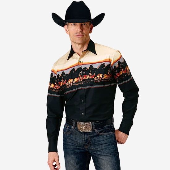 Roper Scenic Border Horse Print - Mens Shirt - 3-01-421-106Bl