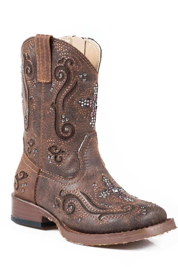 Toddler Girls Faith Rhinestone Inlay Square Toe Cowboy Casual Boots Mid Calf