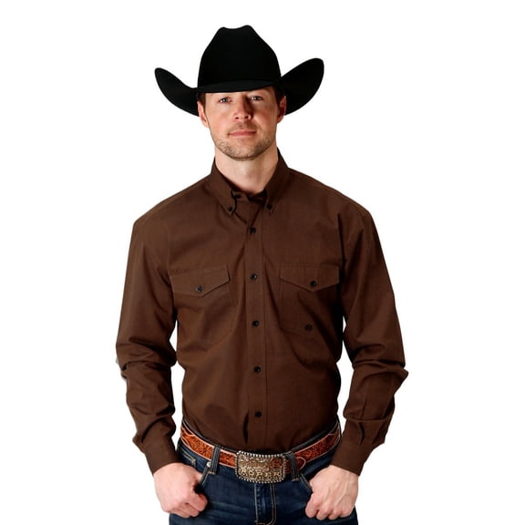 Roper Western Shirt Mens L/S Solid Button XL Brown 03-001-0365-0126 BR