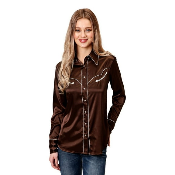 Roper Western Shirt Womens L/S Solid Snap M Brown 03-050-0539-6058 BR