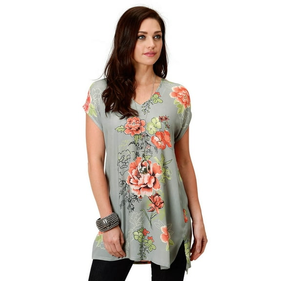 Roper Western Shirt Womens S/S Tunic Blouse M Gray 03-051-0590-3030 GY