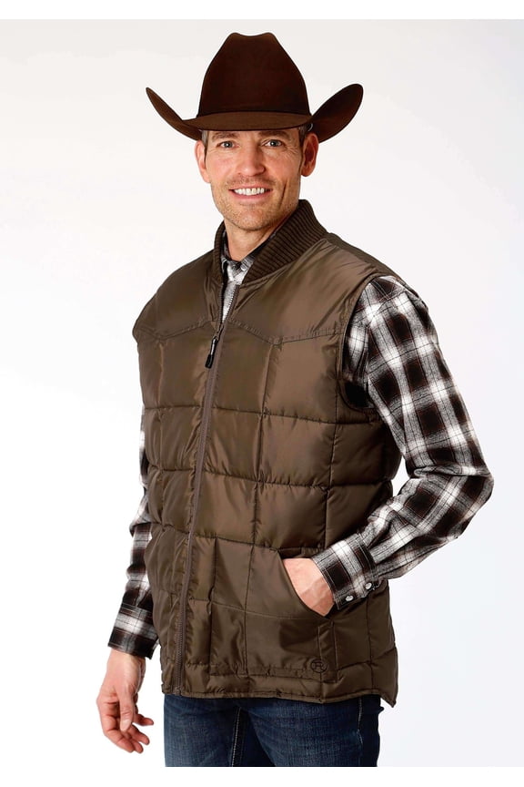 Western Vest Mens Quilted Logo Zip XL Brown 03-097-0763-0526 BR