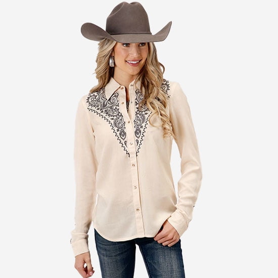 Roper Women's Embroidered Long Sleeve Pearl Snap Western Shirt Cream Small US