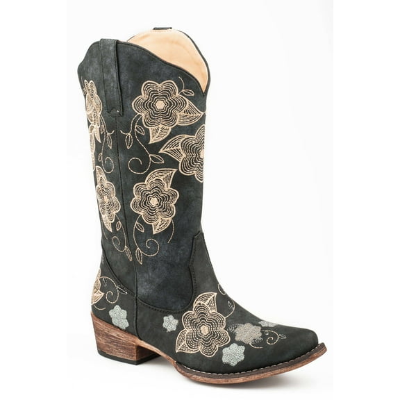 Roper Women's Riley Flowers Western Boot Snip Toe Black 7 M US