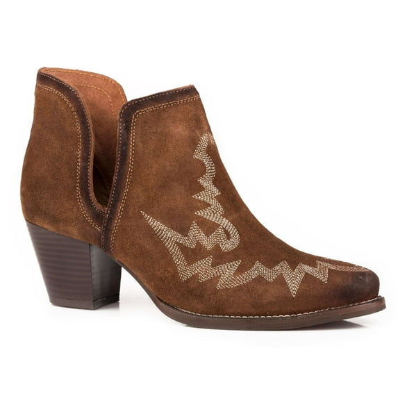 Roper Women's Rowdy Cow Suede Open Side Western Booties Snip Toe Brown 11 M US