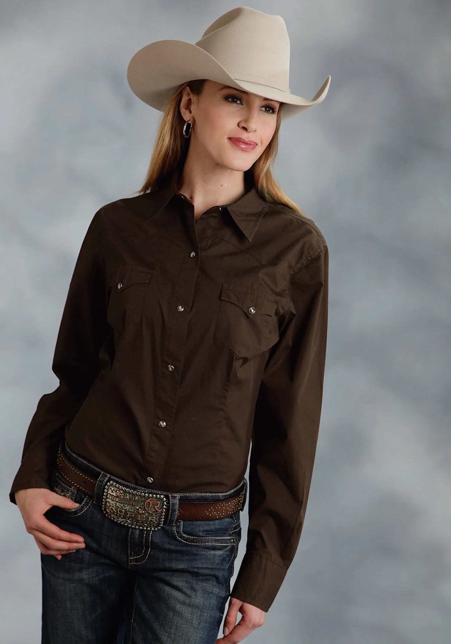 Roper Western Shirt Womens L/S Solid Brown 03-050-0265-1069 BR