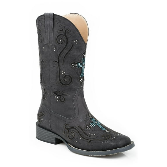 Roper Womens Cowboy Boot Vintage Black Faux Leather With Crystal And Cross Underlay Design