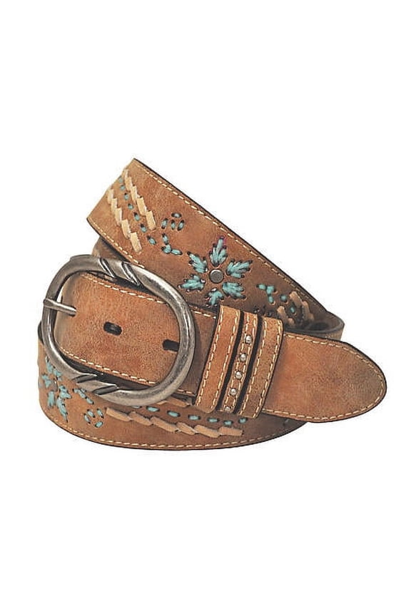 Womens Cowgirls Rock 38mm Laceing Detailed Leather Belt (Tan, Medium 32/34)