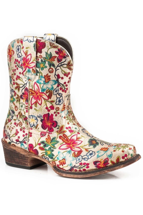Womens Ingrid Floral Metallic Snip Toe Cowboy Ankle Boots