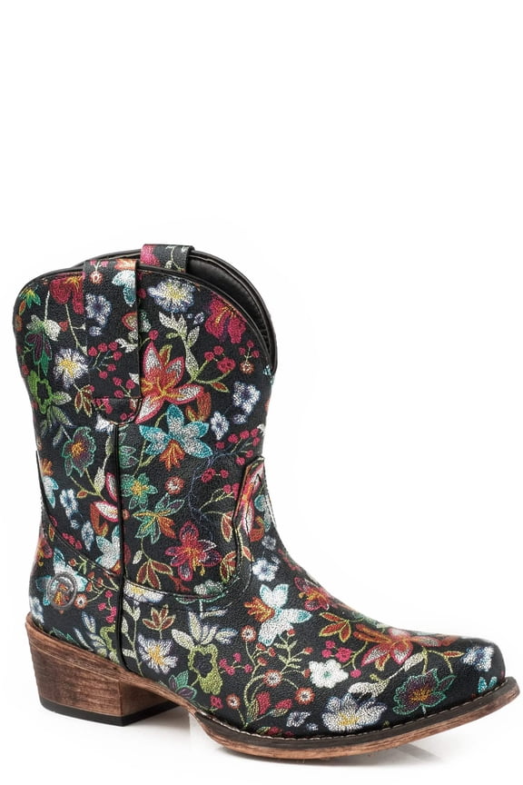 Womens Ingrid Floral Metallic Snip Toe Cowboy Ankle Boots