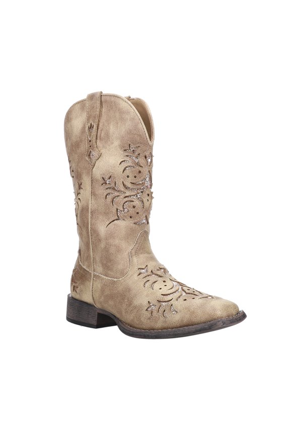 Womens Kennedy Glitter Tooled Inlay Square Toe Cowboy Mid Calf Boots