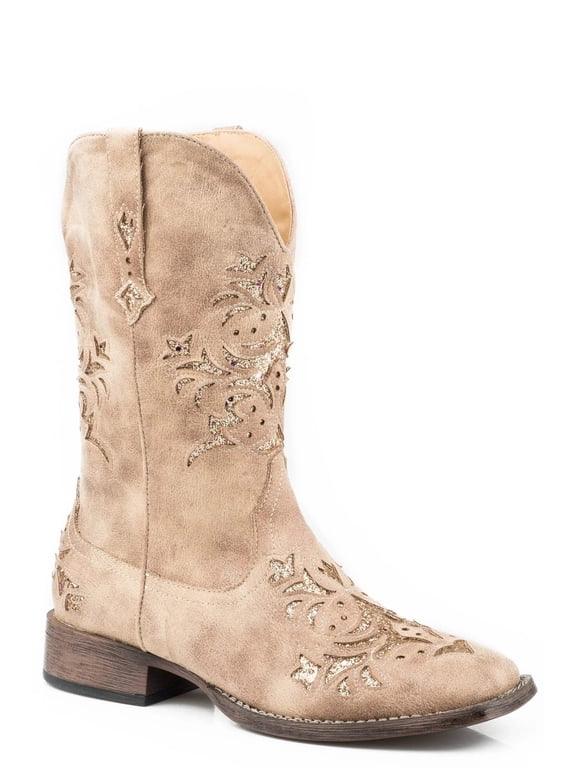 Womens Kennedy Glitter Tooled Inlay Square Toe Cowboy Mid Calf Boots