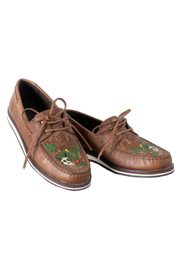Womens Lace Up Moccasin Brown Burnished Leather With Painted Handtooled Vamp Desert Scene