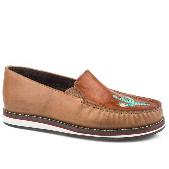 Roper Womens Ladies Brown Burnished Leather Turquoise Cactus Slip On
