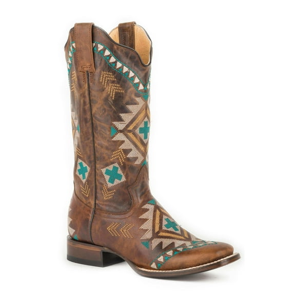 Roper Womens Leather Cowboy Boot Burnished Tan With All Over Southwest Embroidery