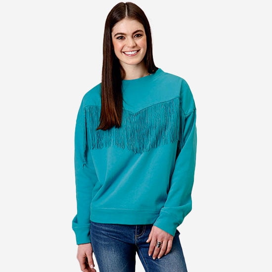 Roper Womens Long Sleeve Cotton Fleece Crew Neck Top With Matching Poly Fringe Center Front
