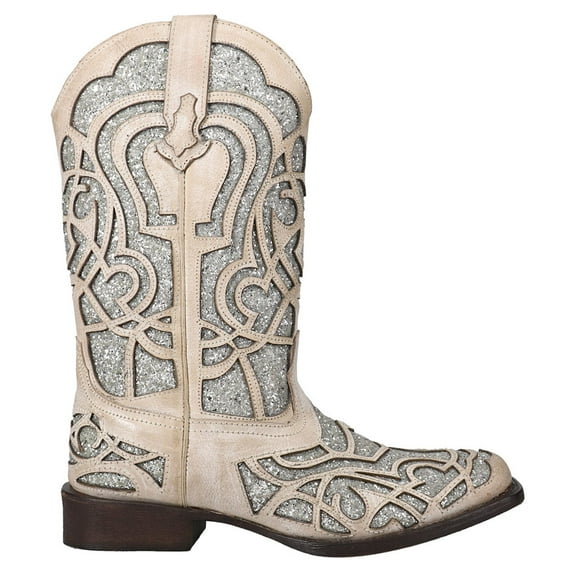 Roper Womens Mercedes Glitter Tooled-Inlay Square Toe Casual Boots Mid Calf Low Heel 1-2"