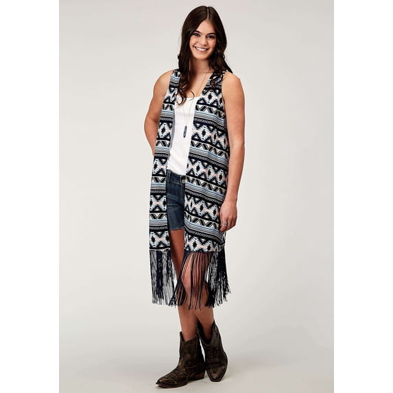 Roper Womens Navy Aztec Printed Rayon Vest With Racer Back Cardigan Long Fringe Trim